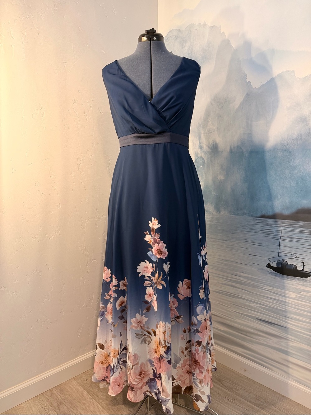 Elegant Navy V-Neck Maxi Dress with Pink Floral Hem 227